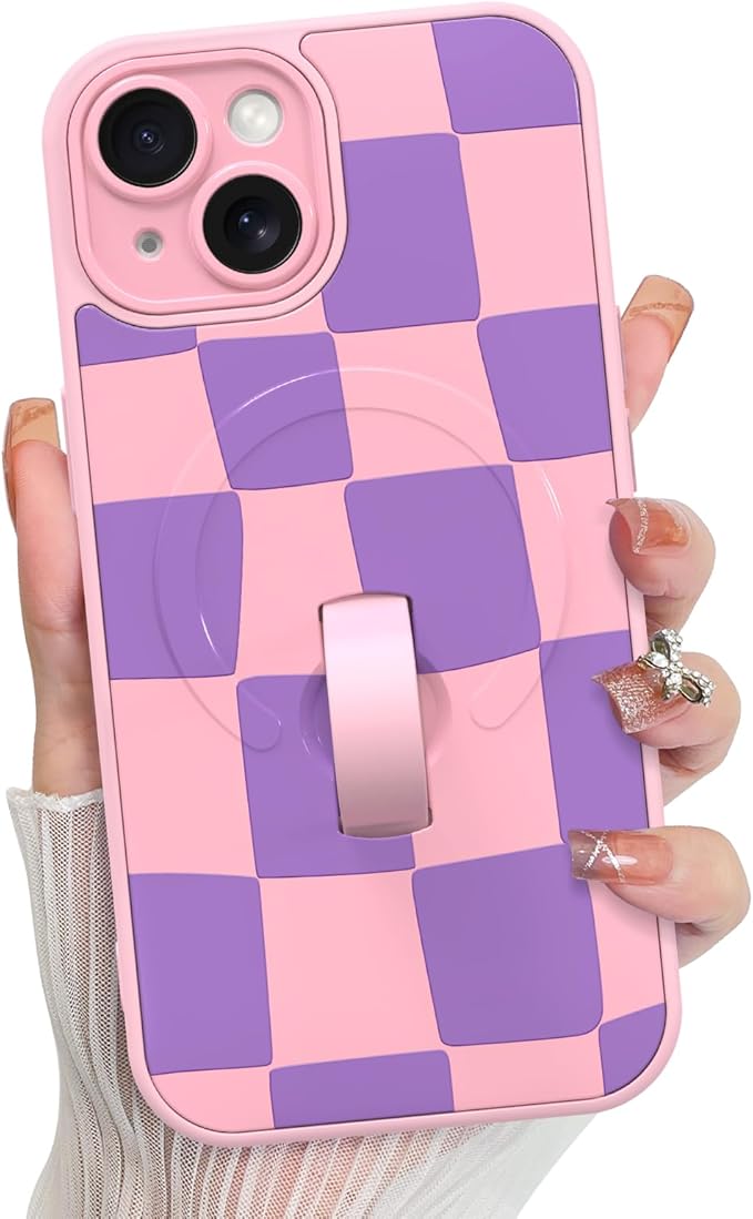 KANGHAR Compatible with iPhone 15 Case, Support for MagSafe, Silicone Checkered Cute Pattern, Wristband Kickstand Camera Protection Soft Slim Cover for Girls Women -Pink