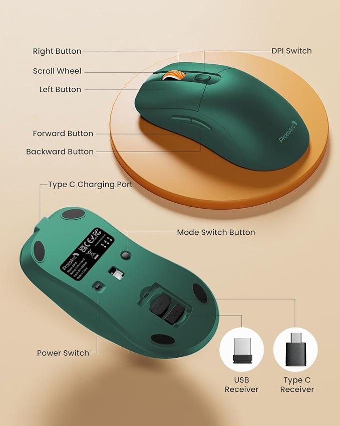 ProtoArc Bluetooth Wireless Mouse, USB C Mouse, EM15 Rechargeable Compact Portable Type C Wireless Mice for Laptop, Tablet, PC, Windows-Green