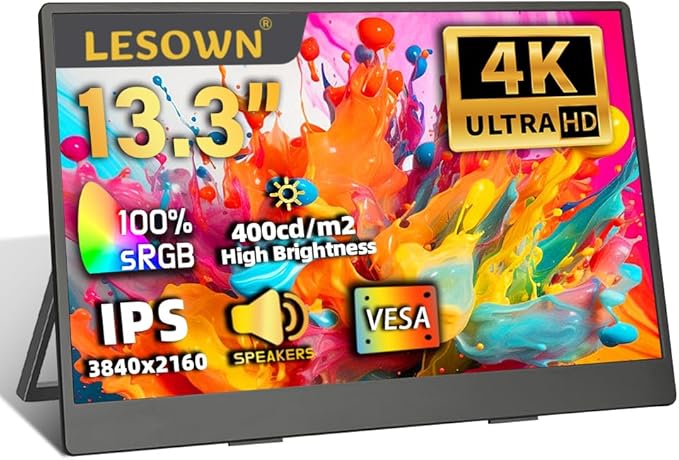 4K Portable Monitor 13.3 inch 3840x2160 UHD IPS USB-C HDMI 100% sRGB Gaming Travel Display with Speakers for Computer Laptop Switch PC