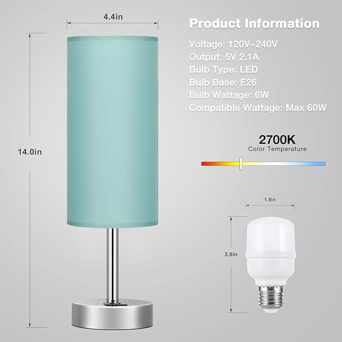 Dicoool Teal Touch Bedside Lamps for Bedroom - Small Coastal Nightstand Lamp with USB-C and USB A Charging Ports, 3 Way Dimmable Control Table Lamp for Office, Dorm with Fabric Shade Silver Base