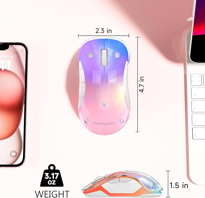 memzuoix 2.4G Wireless Mouse with Customizable Cover & 9-Color LED - Rechargeable Ergonomic, 1400 DPI, 5 Buttons, USB Receiver for PC/Mac - Pink
