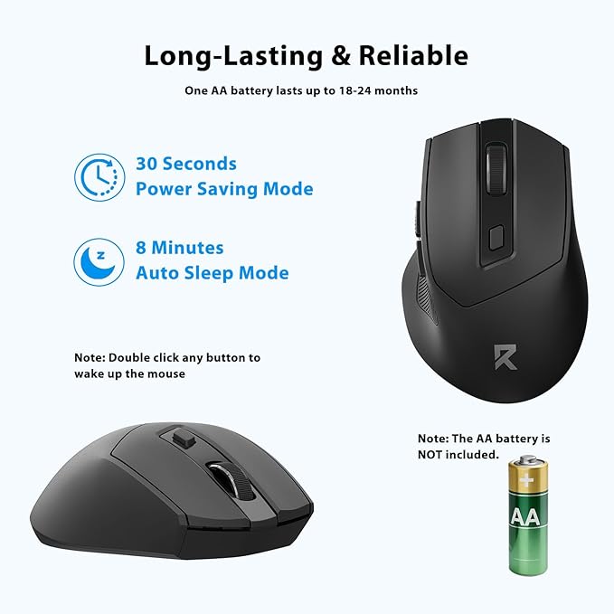 Redragon Wireless Mouse, 2.4GHz Ergonomic Optical Mouse with USB Receiver, 18 Months Battery Life, 5-Level 4000 DPI, 6 Button Computer Mouse for Laptop, Windows, Mac, PC, Chromebook