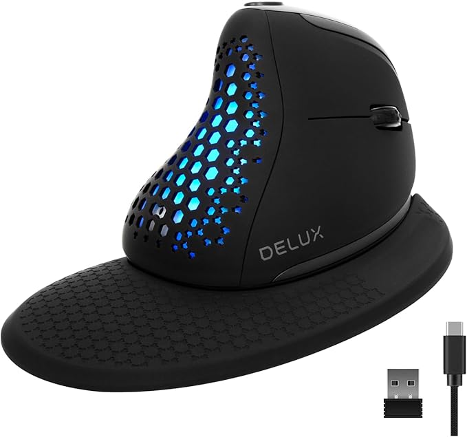 DELUX Seeker Ergonomic Mouse Wireless, Vertical Mouse with OLED Screen, 6 Buttons&Thumb Wheel Function, Silent Click, Up to 7200DPI, Programmable, Rechargeable, BT/2.4G/Wired, RGB Light(M618XSD-Black)
