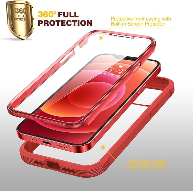 Diaclara Designed for iPhone 12 Mini Case, Full Body Rugged with Built-in Touch Sensitive Anti-Scratch Screen Protector, Soft TPU Bumper Case Designed for iPhone 12 Mini 5.4" (Red and Clear)