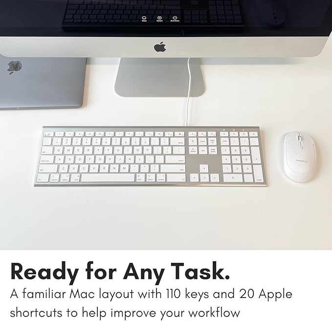 Macally Ultra Slim USB Wired Computer Keyboard - Compatible Apple Keyboard or Windows - Full Size with 20 Mac Keyboard Keys -with Numeric Keypad - Silver Aluminum Finish