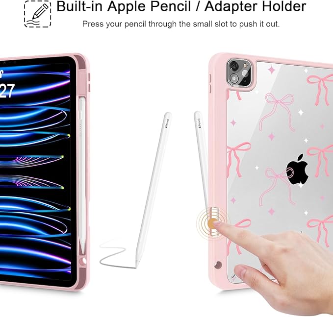 Tuiklol for iPad Pro 11 Inch 4th / 3rd / 2nd / 1st Gen (2022 2021 2020 2018) Case -Built-in Pencil Holder Shockproof Cover Clear Transparent Back Shell with Auto Wake/Sleep, Pink Bows