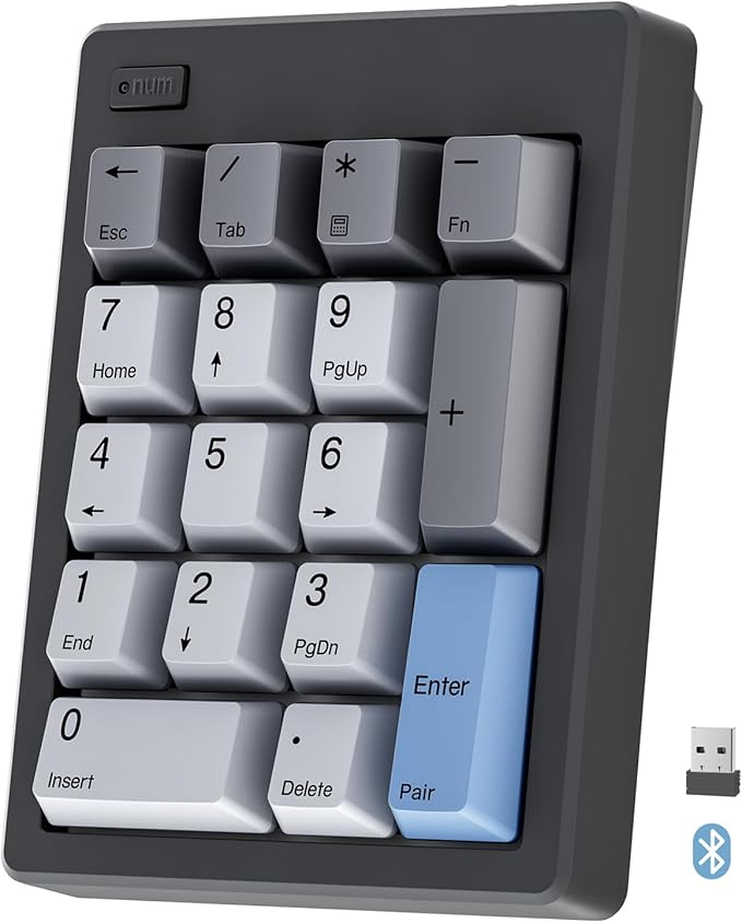 Kisnt FD17 Wireless Mechanical Number Pad, Bluetooth 5.0& 2.4G Dual Mode Numeric Keypad, 17 Keys Hot Swappable Numpad with PBT Keycaps for Laptop/PC/TKL Keyboards(Black, Linear Switch)