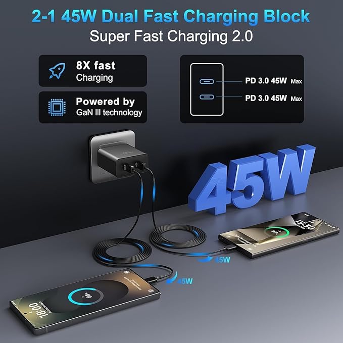 Dual Port 45W Super Fast Charger and Type C Cable 10ft 6ft,USB C Wall Charging Block,Android Phone Charger Cord Long for Samsung Galaxy S26 Ultra/S25/S24/S23+/S22 Plus/S21/S20/iPhone 17 16 15 Pro Max