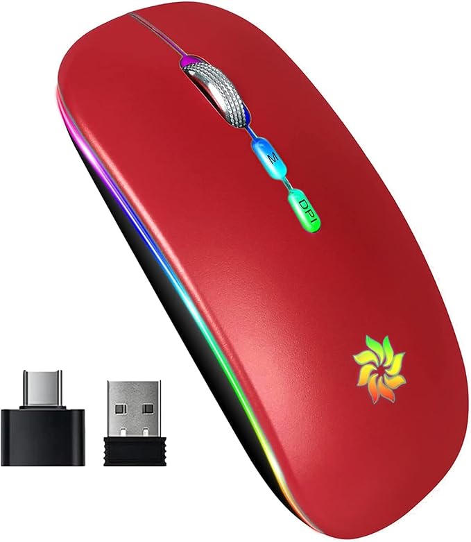 KBCASE LED Wireless Mouse Slim Silent Mouse 2.4G Rechargeable Wireless Computer Mouse Wireless Mouse for Laptop, MacBook, iPad, Chromebook, with USB & Type-c Receiver