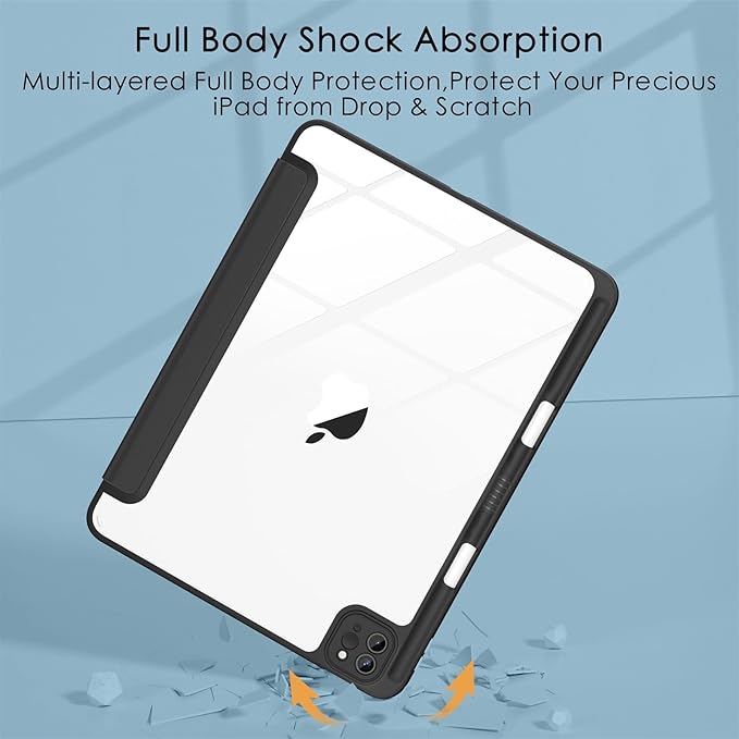 Soke Case for iPad Pro 12.9 Inch (6th/5th/4th/3rd Generation, 2022/2021/2020/2018) - Pencil Holder + Auto Sleep/Wake + Camera Protection, Transparent Shockproof Back Cover,Black