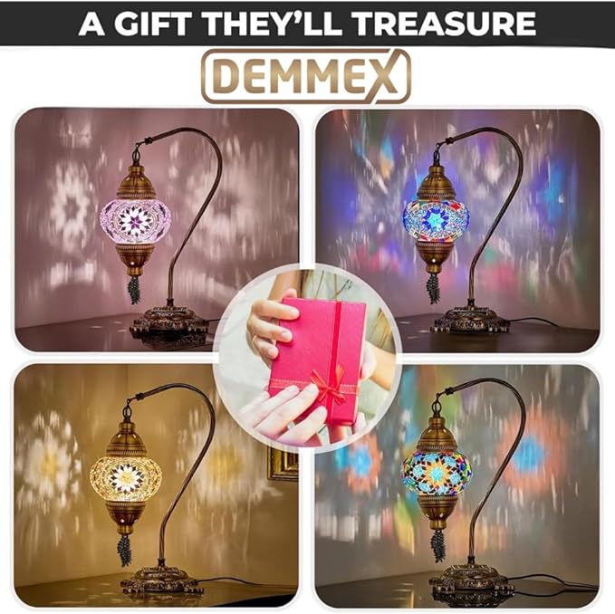 DEMMEX Turkish Moroccan Mosaic Table Lamp – Handcrafted Tiffany-Style Colorful Glass Swan Neck Bedside, Desk, Table Light, Boho Artisan Accent Lighting for Bedroom or Living Room – 15" H, Blue