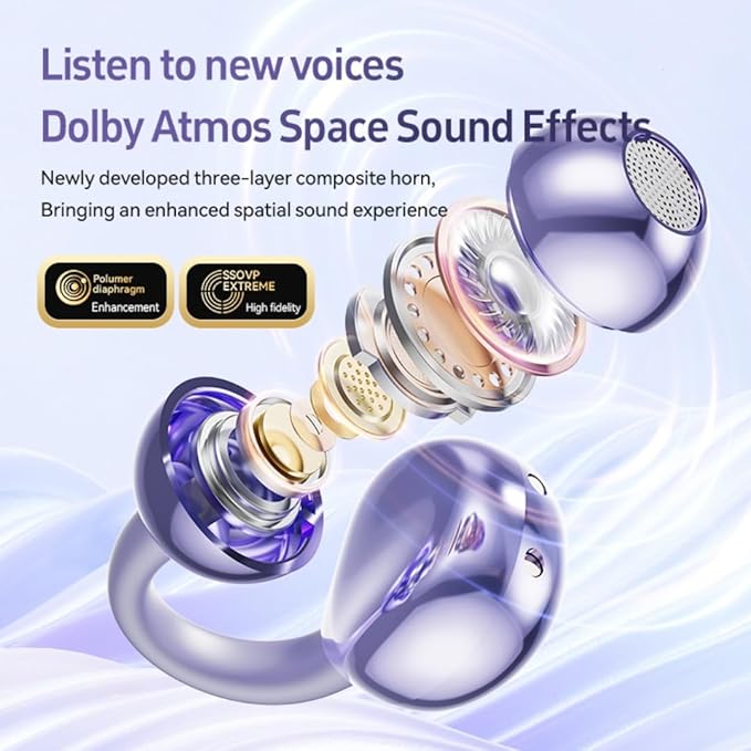 Open Ear Headphones, Wireless Earbuds for Sports Running Gym, 24H Battery, Sweat Proof, BT5.4, Noise Cancelling Mic, Wireless Charging Case for iOS Android (Style 1:Purple)