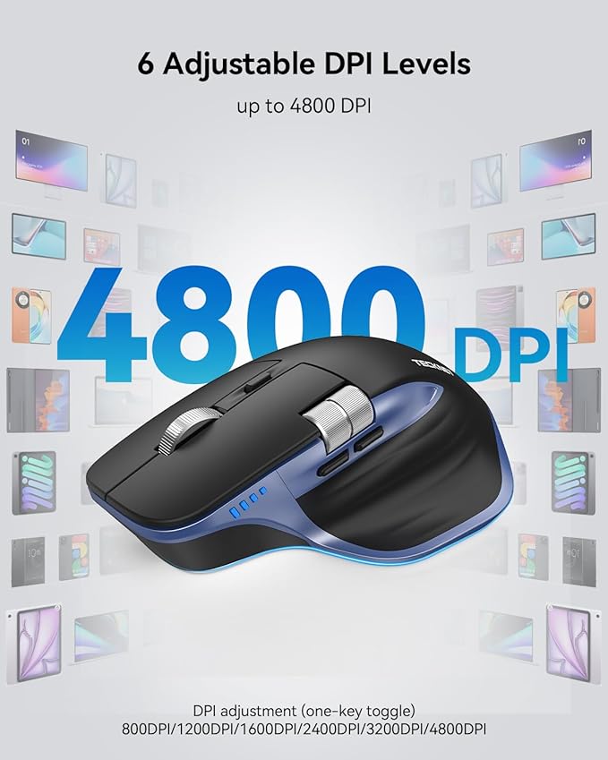TECKNET Wireless Mouse, Bluetooth Mouse (BT5.3/5.0 & 2.4G) Rechargeable Ergonomic Optical Mouse with 6 Adjustable DPI, Side Scroll, USB A Receiver, 7 Buttons, Wide Compatibility - Black & Blue