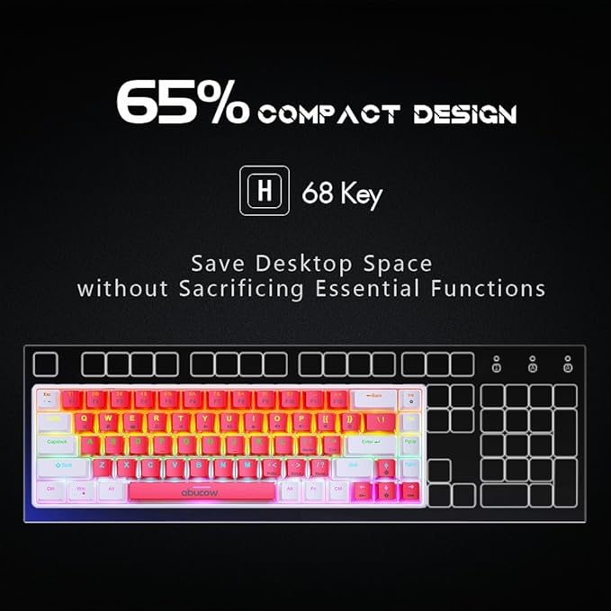 abucow 65% Wired Mechanical Keyboard – 68-Key Compact Layout, Full Anti-Ghosting, Brown Switch Swappable White Red Keycaps, for Windows/Mac