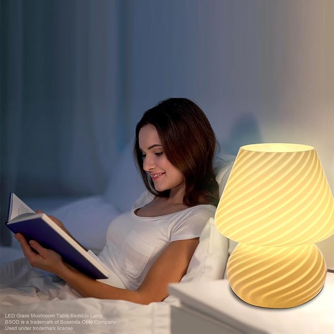 Mushroom Lamp,Glass Arctic Blue Mushroom Bedside Table Lamps Vintage Translucent Murano Style Striped Small Nightstand Desklamp Swirl Light for Home Decor, Dining, Living, Bedroom, Gift (Stripe Blue)