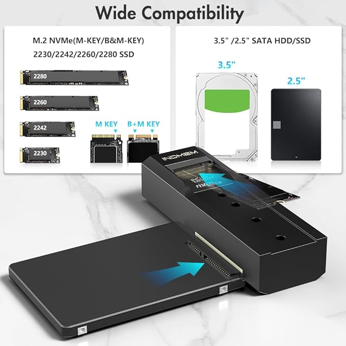 M.2 NVMe SSD Enclosure Adapter, 10Gbps SATA & M.2. NVMe Dual Bay Offline Clone USB-C Adapters Supports 3.5"/2.5" SATA SSD, Type-C Standalone Clone Duplicator