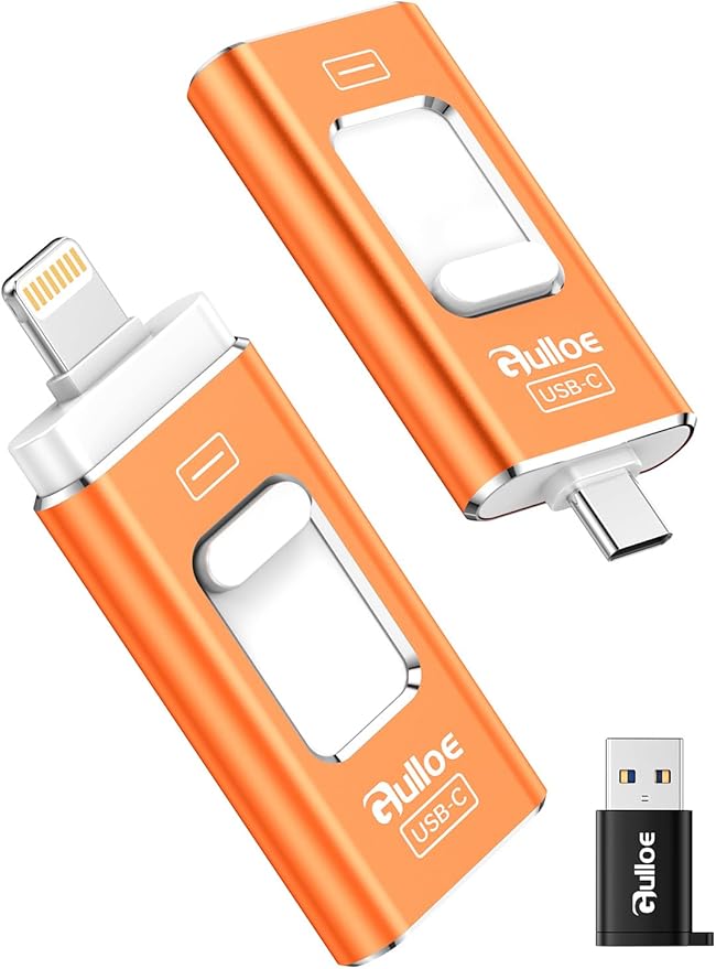 Gulloe 256GB Dual Interface Flash Drive for Phone Storage Photos Videos, Phone USB Backup External Photo Memory Stick - No App Required, Compatible with iPhone, iPad, Android & PC (Orange)