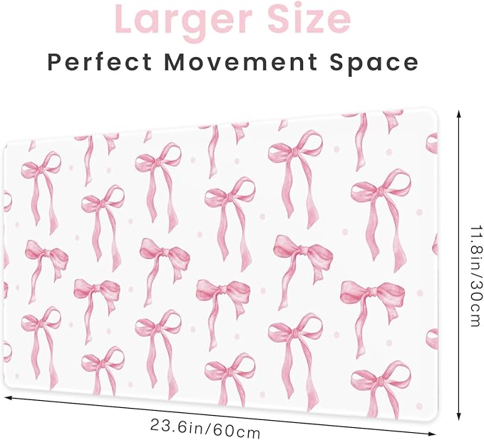 White Mouse Pad with Pink Bows, Cute Desk Mat Pink Keyboard Mat for Computer Laptop Non-Slip Rubber Base, Large Office Mat Girly Desktop Accessories School Office Supplies for Girls Women 23.6 x 11.8