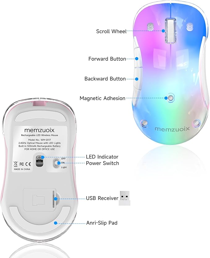 memzuoix 2.4G Wireless Mouse with Customizable Cover & 9-Color LED - Rechargeable Ergonomic, 1400 DPI, 5 Buttons, USB Receiver for PC/Mac - Pink