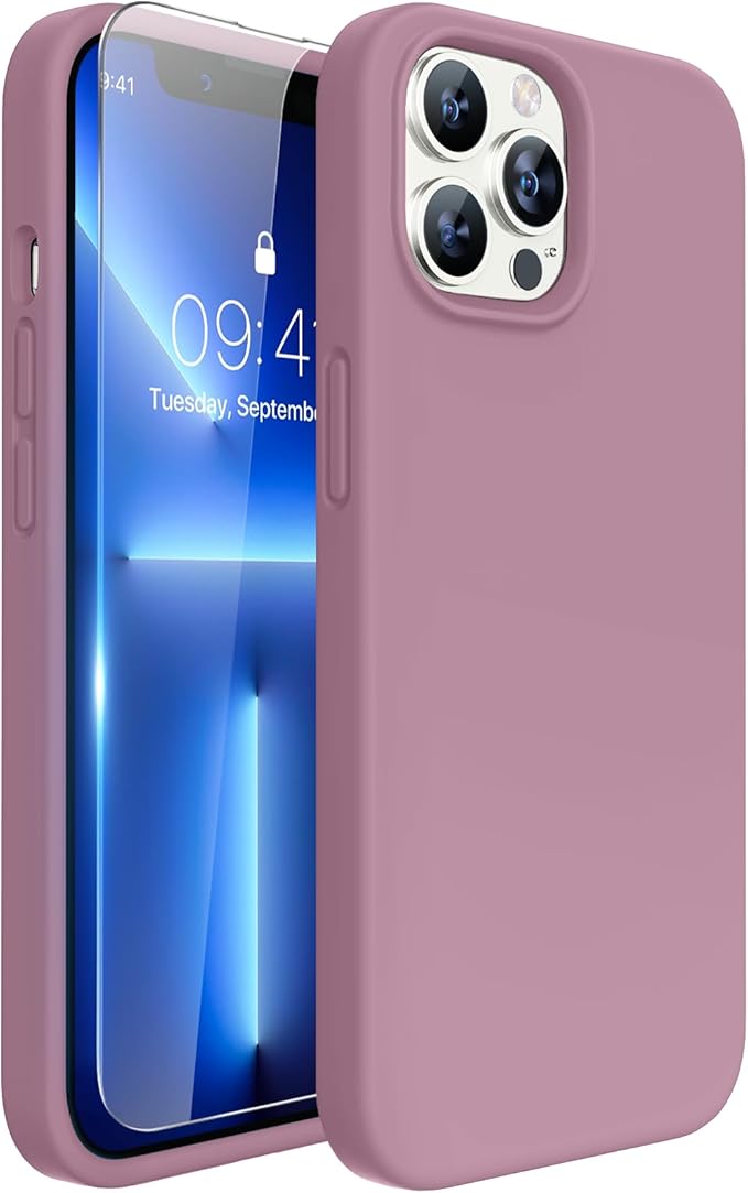 Miracase Designed for iPhone 13 Pro Case, with Tempered Glass Screen Protector, [Soft Anti-Scratch Microfiber Lining], Shockproof Liquid Silicone Phone Case Cover for 13 Pro 6.1 inch, Blackcurrent