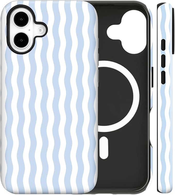 Magnetic for iPhone 17 Case Cute Wavy Stripes Phone Case, Shockproof Slim TPU and Hard PC Protective Phone Cover Compatible with MagSafe Designed for Women Girls, Blue