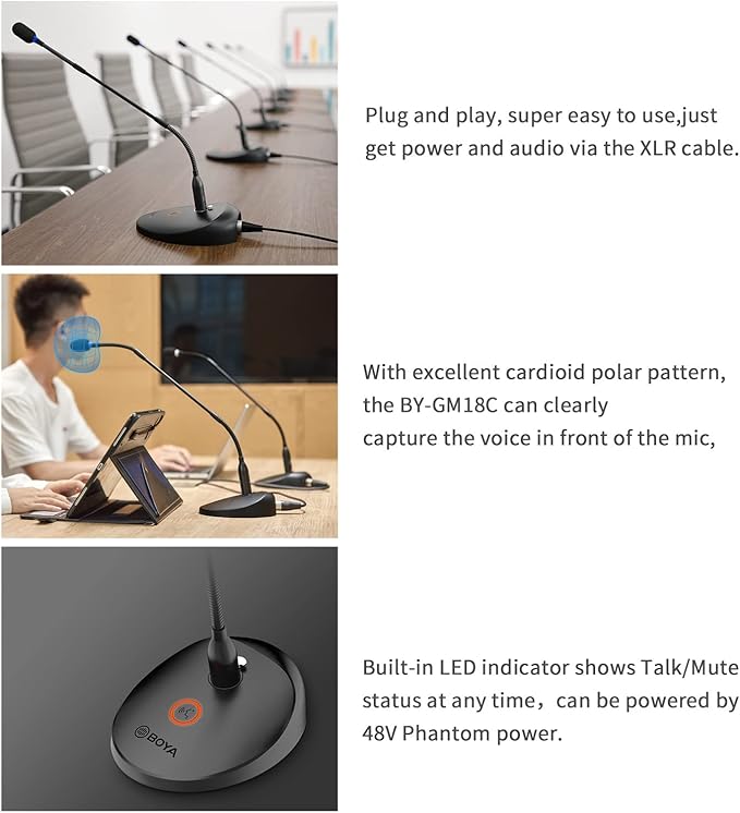 BOYA Desktop Gooseneck Condenser Microphone 18" Podium Microphones with Mute Button LED Indicator XLR Mic for Meetings Video Conferences Streaming Lectures BY-GM18C