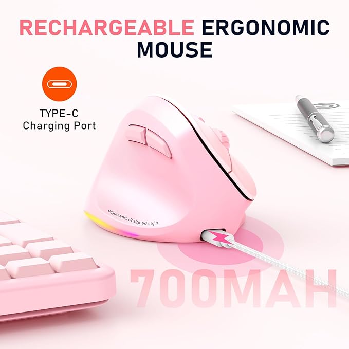 MEETION Left-Handed Mouse, Ergonomic Mouse Wireless Vertical Mouse, RGB Rechargeable Mice for Bluetooth(5.2 + 3.0) & USB-A with Type-c Adapter 4 Adjustable DPI for Mac/Windows/PC/Tablet/iPad Pink