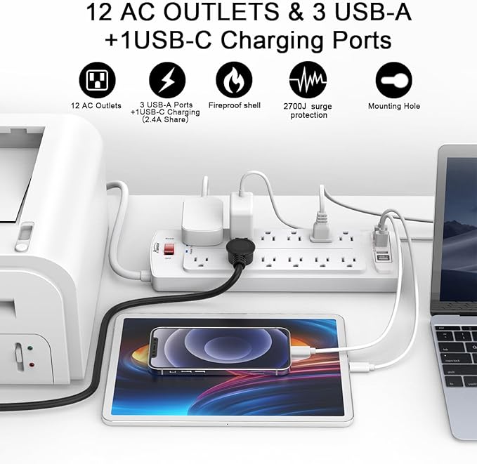 Power Strip,ALESTOR Surge Protector with 12 Outlets and 4 USB Ports, 6 Feet Extension Cord (1875W/15A) for for Home, Office, Dorm Essentials, 2700 Joules, ETL Listed (White)