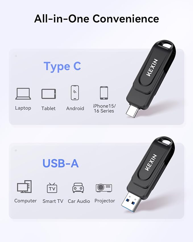 KEXIN Dual 32GB Flash Drive 3 Pack USB-A & Type-C Thumb Drive 3.0 100MB/s Swivel USB Drive 32GB Memory Stick for Smartphone Tablet iPhone 15/16 Car Game Console, Black 3 Pack