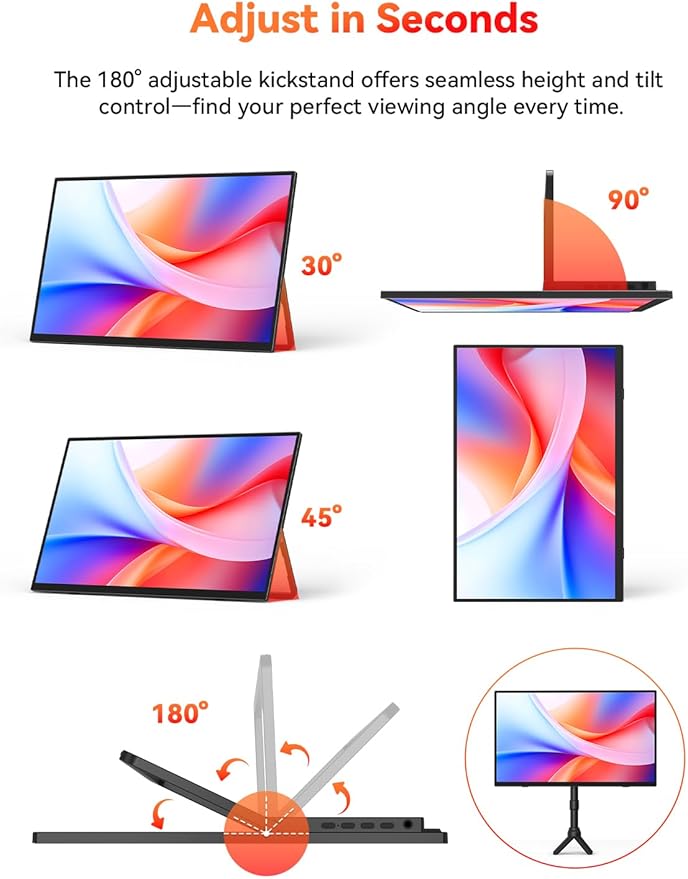 HotYeah Portable Monitor, 15.6-in 1080P FHD Laptop Monitor USB-C HDMI External Computer Display HDR FreeSync IPS w/Kickstand & Speaker, 2nd Screen for Laptop PC Mac Phone Tablet Switch PS5 Xbox