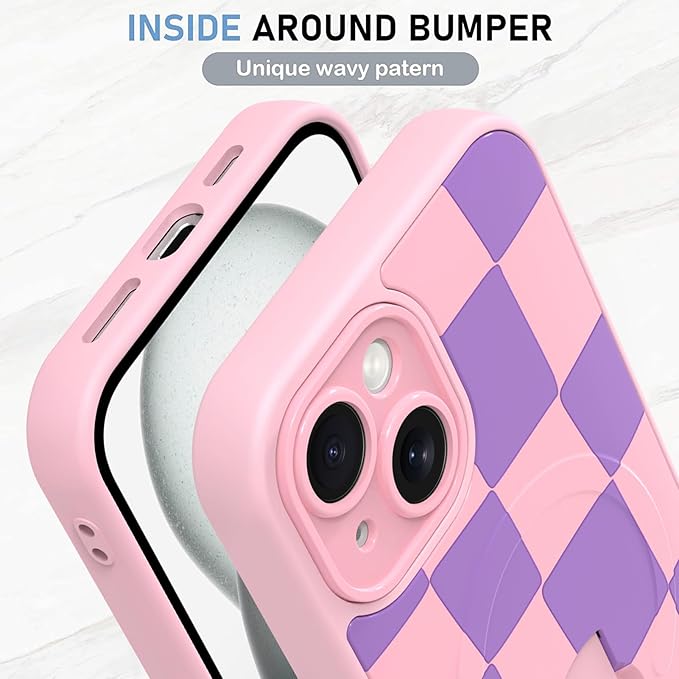 KANGHAR Compatible with iPhone 15 Case, Support for MagSafe, Silicone Checkered Cute Pattern, Wristband Kickstand Camera Protection Soft Slim Cover for Girls Women -Pink