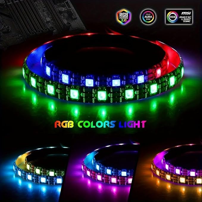 RGB Strip Light for PC Case, 2x19.7in 60LEDs Addressable LED Strip for Motherboard 5V 3-Pin Header Gaming Case DIY Lighting