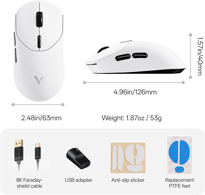Rapoo VT2 Wireless Gaming Mouse, True 8K Wireless Polling Rate, 53g Lightweight, Up to 750 Hr Battery, Nordic nRF54L15 MCU, 100-Million Mechanical Switch, 10 Programmable Buttons, Macro Enabled