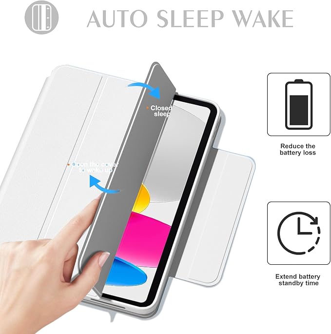 ZENLU iPad 10th 11th Generation Magnetic Case with Removable Folio Cover, Semi-Silicone Leather, Vertical Stand, Clear Back, Smart Sleep/Wake, Full Protective Case for iPad 10 & 11(A16) (White)