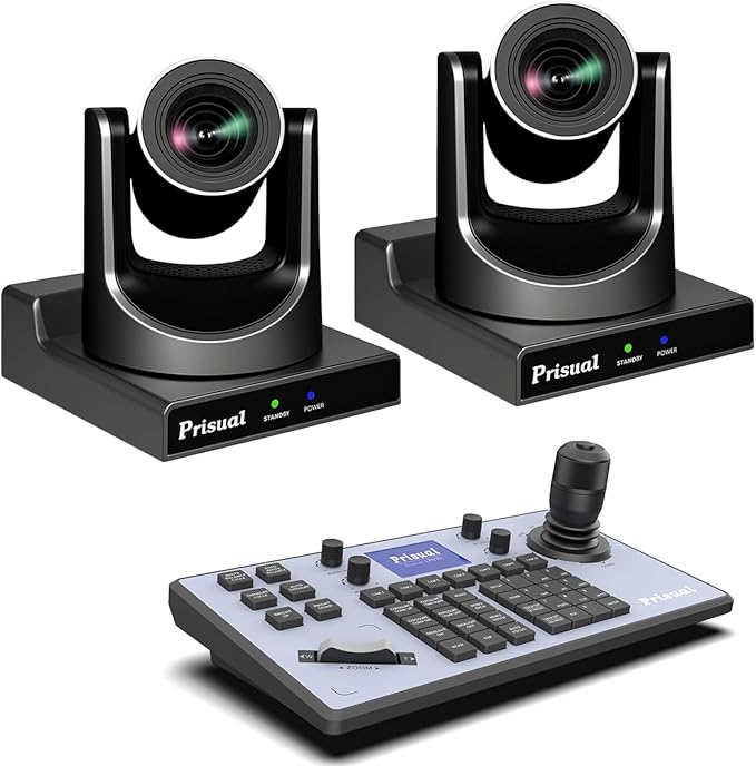 Prisual NDI PTZ Camera System Gen 5, NDI 6 & NDI HX3 Certified, 20X Optical Zoom, AI Auto Tracking, PoE HDMI SDI Bundle PTZ for Church Worship, PTZ Controller, (NDI PTZ Bundle TEM-20N PROx2+TEM-JOY1)
