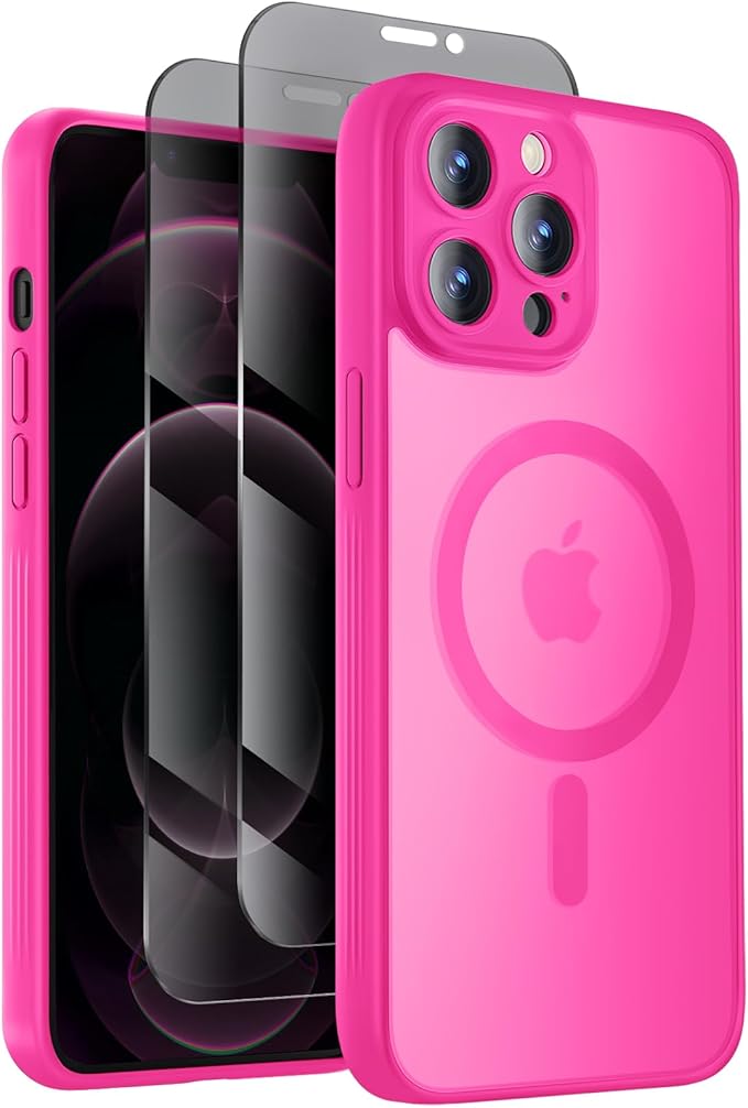 Symcele Designed for iPhone 12 Pro Max Case, Compatible with MagSafe, with Privacy Screen Protectors X2, [Camera Protection] [15FT Military Drop Protection] Shockproof Phone Case, 6.7", Hot Pink