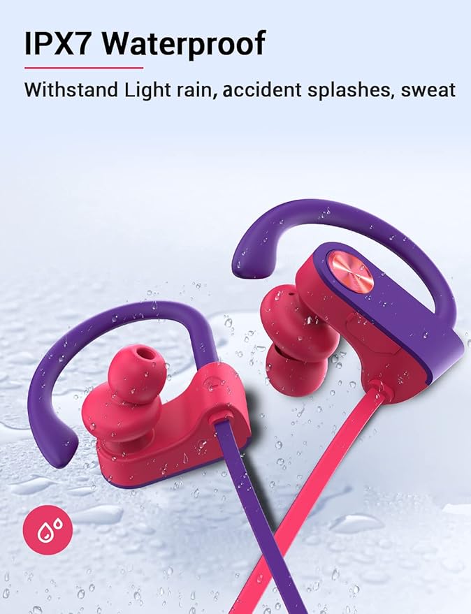 Stiive Bluetooth Headphones, 5.3 Wireless Sports Earbuds IPX7 Waterproof with Mic, Stereo Sweatproof in-Ear Earphones, Noise Cancelling Headsets for Gym Running Workout, 16 Hours Playtime - RedPurple