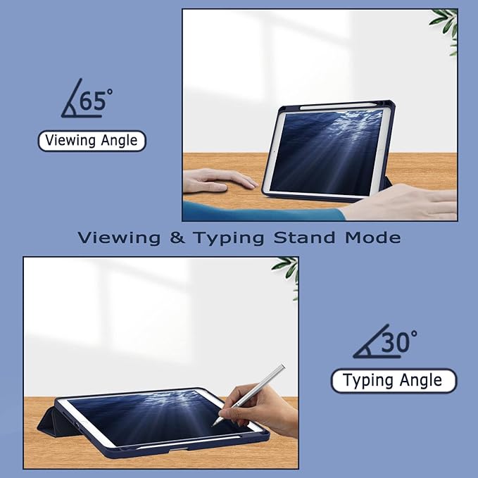Case for iPad 9th / 8th / 7th Generation (2021/2020 / 2019), for iPad 10.2 Inch Case with Pencil Holder, Stand Tablet Clear Back Cover, Auto Sleep/Wake - Navy Blue