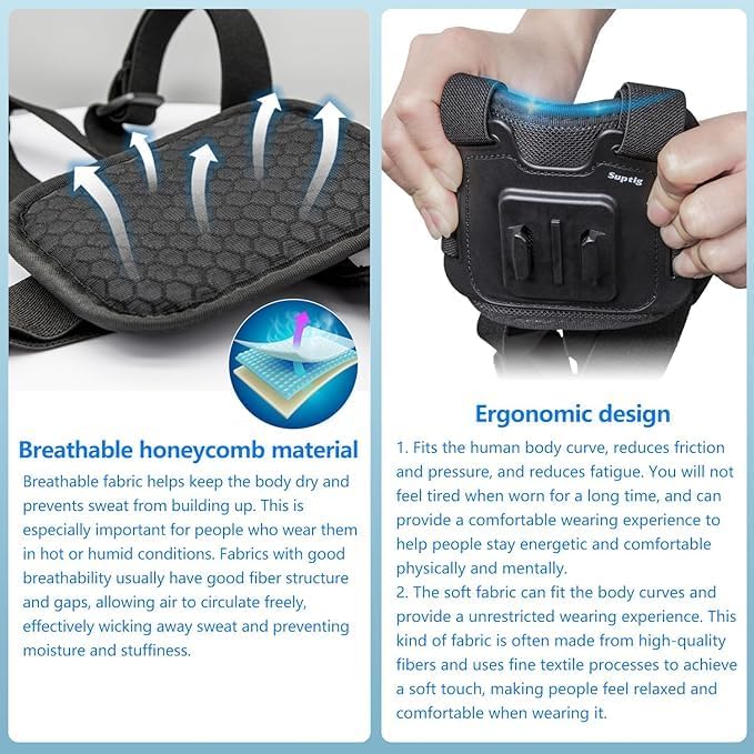 Suptig Chest Mount, Adjustable Chest Strap, Breathable Material Compatible for Gopro Hero 12 Hero 11 Hero 10 Hero 9 Hero 8 Hero 7 Hero 5 Hero 4 Hero 3, AKASO, DJI osmo and More Action Cameras (Black)