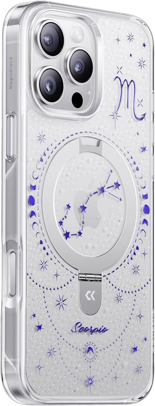 CASEKOO Scorpio [Zodiac Collection] for iPhone 16 Pro Max Case with Magnetic Ring Stand [Compatible with MagSafe] [Military-Grade Protection] Fashion Clear Back Design, Soft Edge