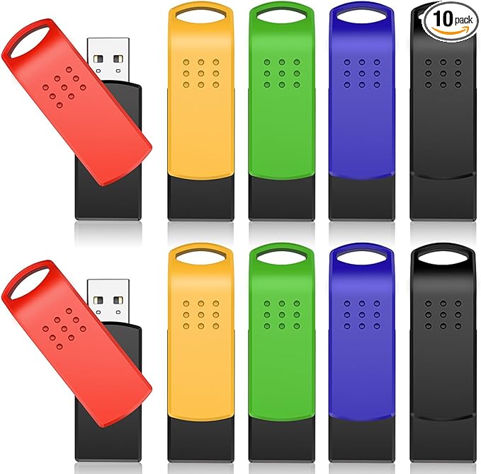 KEXIN 16GB Flash Drive 10 Pack USB 2.0 Thumb Drives Swivel Memory Stick Bulk USB Drive with LED Light - Green, Red, Black, Blue, Yellow