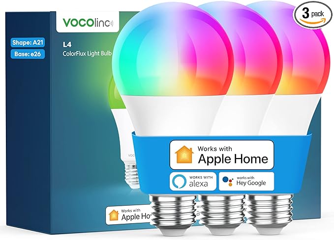 VOCOlinc Smart Light Bulb Works with Apple Homekit, Alexa, Google Home, Full Color Changing WiFi LED Bulbs, 850 Lumens Dimmable Multicolor 2200K-7000K, A21, 9.5W, 3 Pack