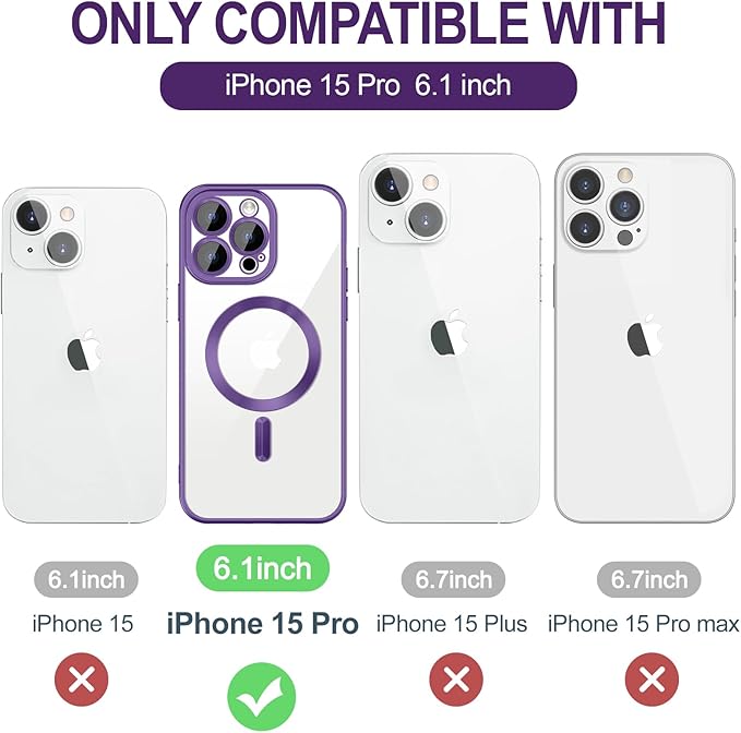 Hython Magnetic Clear for iPhone 15 Pro Case with Camera Lens Protector [Compatible with MagSafe] Luxury Plating Edge Slim Soft TPU Cover Protective Phone Case for iPhone 15 Pro 6.1", Matte Purple