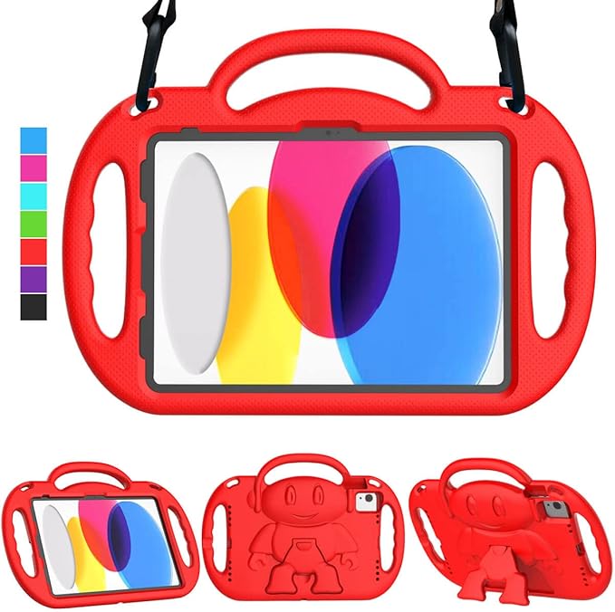 Kids Case for iPad 11th Generation (A16) 11" 2025 & 10th Gen 10.9" 2022 & iPad Air 11" 2025/2024 & Air 5th/4th Gen & Pro 11, Durable Protective Cover with Shoulder Strap Handle Stand, Red