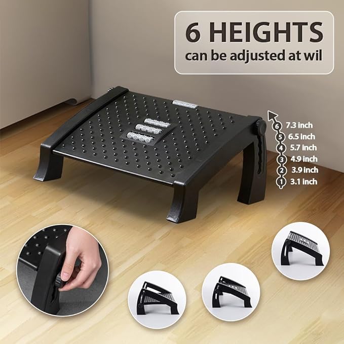 CasaZenith Foot Rest, Six Heights Adjustable Foot Rest for Under Desk at Work, Ergonomic Foot Stool for Under Office Desks, Under Desk Footrest with Foot Massage Roller, Office Leg Rest (Classics)