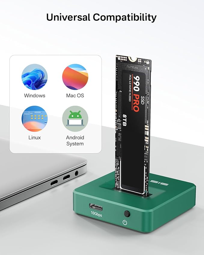ACASIS NVME to USB Docking Station, Aluminium Alloy Housing Fast Heat Dissipation, M.2 to USB Adapter 10Gbps, NVME SSD Reader Adapter Support M.2 (M Key) NVMe SSD and (B+M Key) (Green)