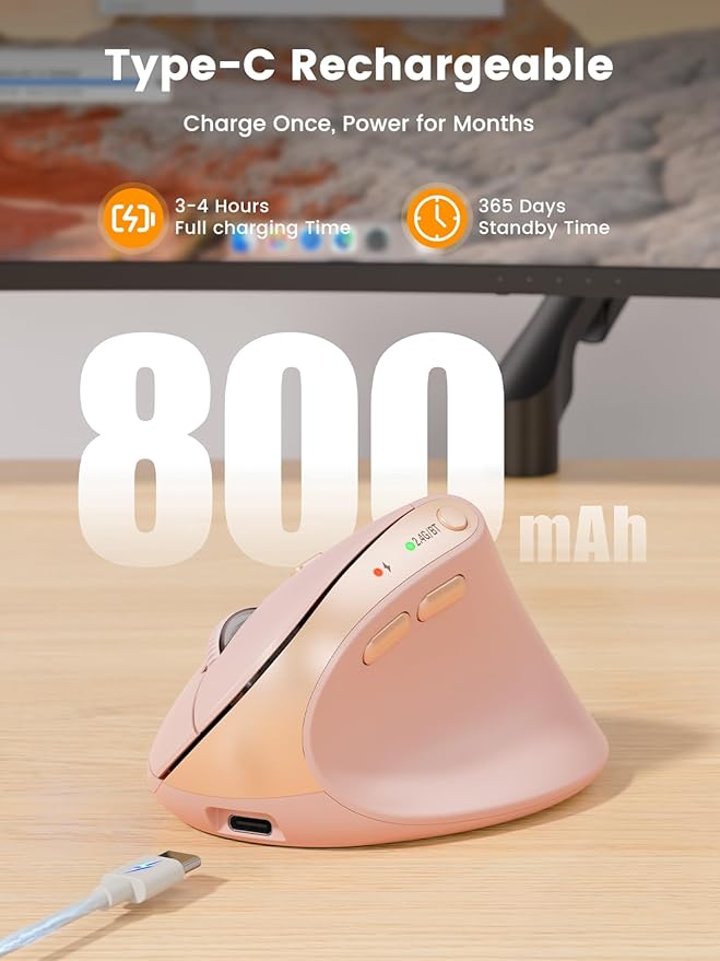 SABLUTE MAM3 Ergonomic Mouse, Rechargeable Wireless Vertical Mouse with 4 Adjustable DPI for Small/Medium Hands, Dual-Device Connectivity for Computer/PC/Laptop,Bluetooth Mouse for Window,Mac OS,Pink