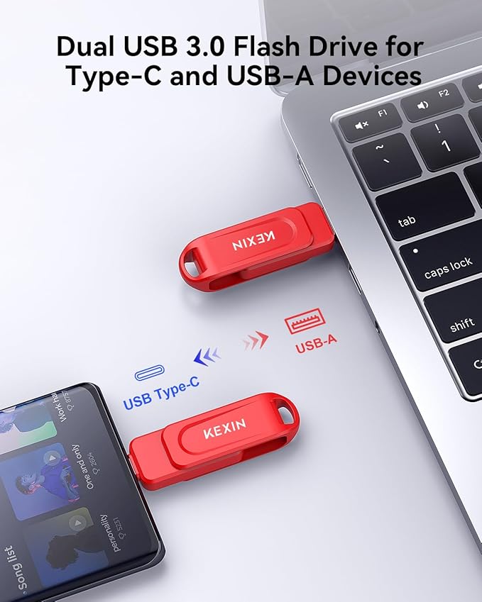 KEXIN USB C Flash Drive 512GB Thumb Drive 100MB/s Swivel Dual USB Drive 3.0 USB-A & Type-C Memory Stick for Smartphone Tablet iPhone 15/16 Car Game Console, 512GB Red