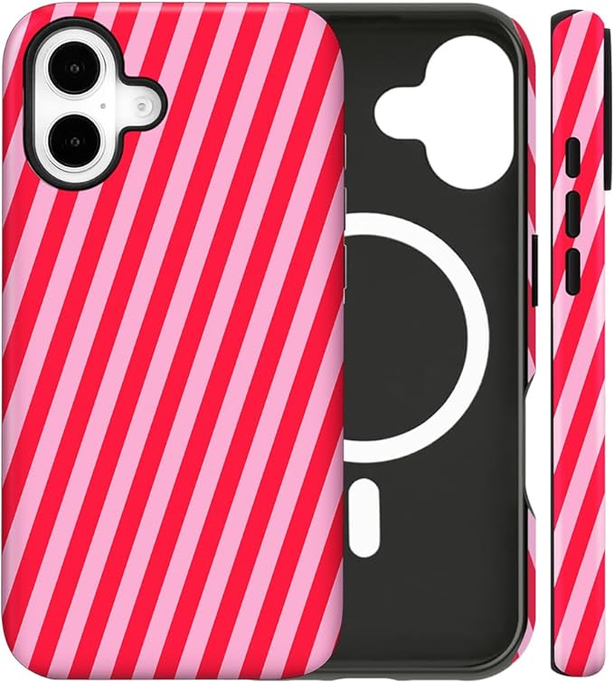 Magnetic for iPhone 17 Case Cute Diagonal Stripes Phone Case, Shockproof Slim TPU and Hard PC Protective Phone Cover Compatible with MagSafe Designed for Women Girls,Red