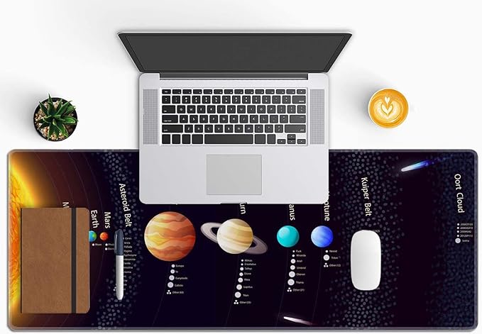 Black Large Gaming Mouse Pad with Stitched Edges, Desk Pad Extended Keyboard Mat, Non-Slip Rubber Base Mousepads for Laptop, Office, Home, 31.5X11.8 inch Solar System with Scientific Information